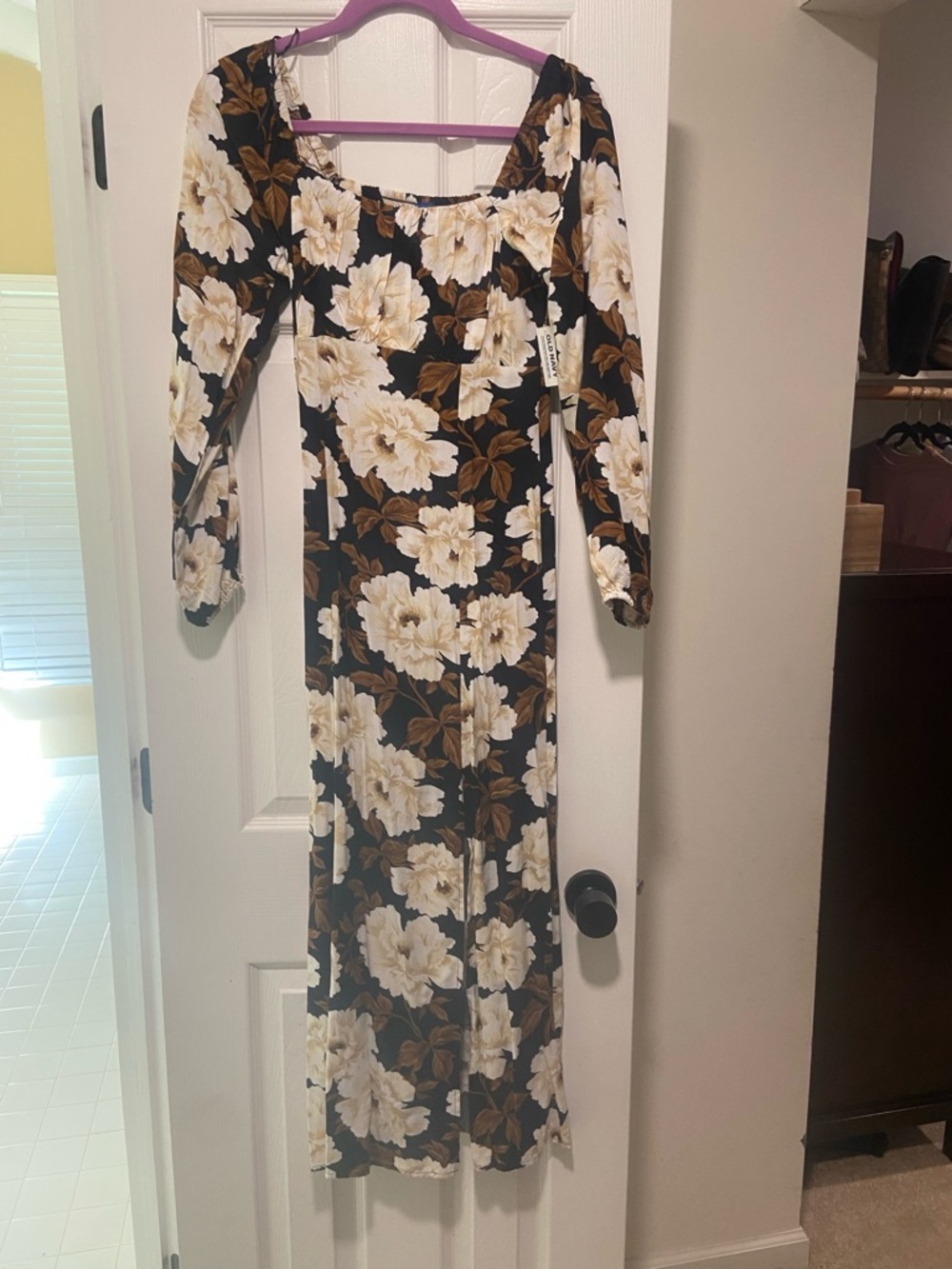 Old Navy Black Maxi Dress with Cream Floral Print and Brown Leaves